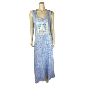 Campers Hand Painted Vintage Maxi Dress Size M Boat Fish 90s Art to Wear Blue